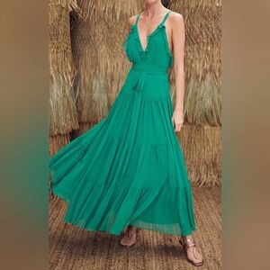 ALEXIS Tasha Tiered Ruffle Belted Maxi Slip Gown Dress in Palm Green